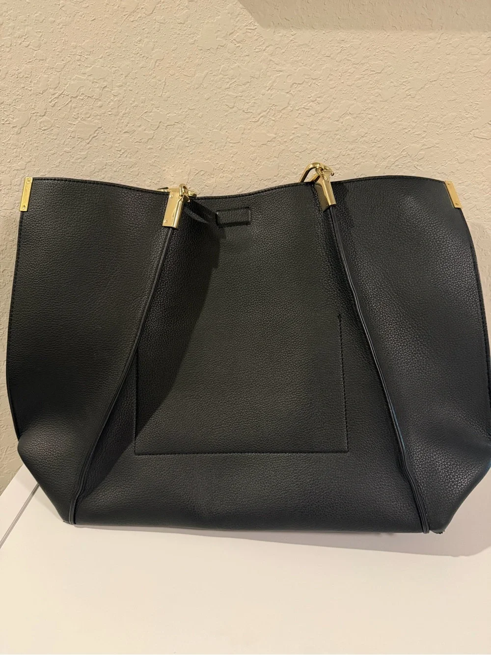 Calvin Klein Black Pebbled Leather Tote with Gold Accents